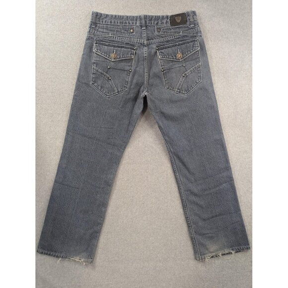 Basic Code Jeans Mens 36x32 Blue Denim Straight Leg Distressed Frayed Hem BSCD - Picture 8 of 14